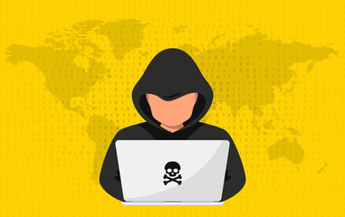Hacker, Cyber criminal with laptop stealing user personal data. Hacker attack and web security. Internet phishing concept. Man in black hood with laptop trying to cyber attack