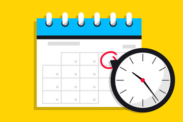 Fototapete - Calendar icon with clock. Icon notice message with clock, agenda symbol with selected important day. Time appointment, reminder date concept, time management. Calendar deadline. Business concept