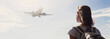 © kite_rin - Woman looking at plane flying above the sea panoramic banner, travel, tourism, enjoy life and active lifestyle concept