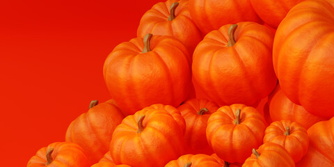 Mountain pumpkins close-up. Bright pumpkins on a red background. Concept of growing and cooking pumpkins. Preparation of food and drinks from gourd. 3d rendering illustration.