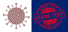Virus Test Unclean Round Stamp And Vector Recursive Composition Red Virus. Red Stamp Seal Contains Virus Test Caption Inside. Vector Mosaic Is Designed From Recursive Red Virus Icons.