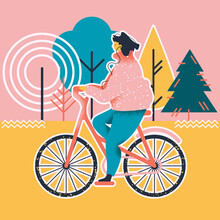 A Young Woman On A Bicycle In The Woods. Cute Female Cartoon Character On A Walk. Trendy Colored Vector Illustration In Flat Style