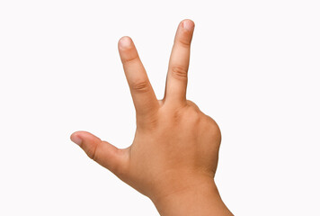 Children hand showing victory gesture, isolated, white background