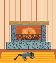 Colorful Cozy Interior Warm Bright Winter Illustration In Cartoon Flat Style. Fireplace, Cat. Home Inside Living Room Design Element