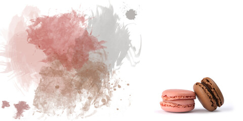 Delicious colorful macarons on pink and brown watercolor background, closeup, Space for text