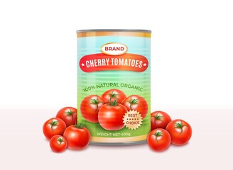 Canvas Print - Realistic Detailed 3d Canned Cherry Tomatoes Can and Red Tomato Set. Vector