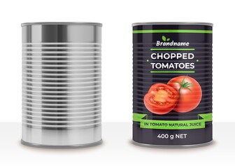 Poster - Realistic Detailed 3d Canned Tomatoes Empty Can and Label Set. Vector