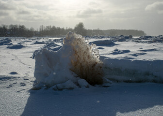 various ice formations by the sea, beautiful winter day by the sea