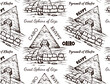 Sketch drawing pattern of Egypt. Drawing Great Sphinx of Giza, outline Cairo landscape, line art Pyramid of Khufu, Cheops, desert. Engraved Egyptian background, view, wallpaper. Vector illustration.