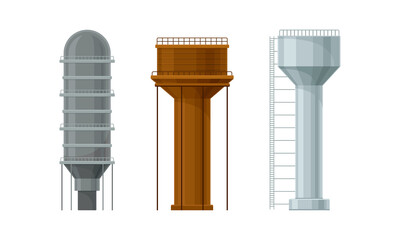 Sticker - Elevated Water Tower or Tank Made of Metal for Storing Water Vector Set