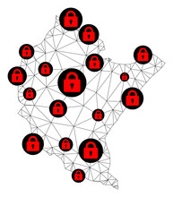 Polygonal Mesh Lockdown Map Of Podkarpackie Province. Abstract Mesh Lines And Locks Form Map Of Podkarpackie Province. Vector Wire Frame 2D Polygonal Line Network In Black Color With Red Locks.