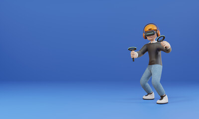 3D cartoon character Man playing game using virtual reality headset and gamepads isolate blur background - 3D render illustration.