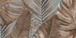 Tropical Monstera banana leaves background. Brown dried palm leaf banner. Watercolour illustration on blue background. 