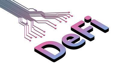 Wall Mural - Defi - decentralized finance, isometric text with printed circuit board isolated on white. Ecosystem of financial applications and services based on public blockchains.  Vector illustration.