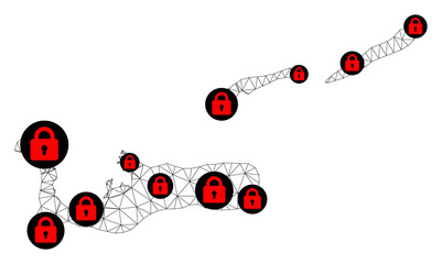  Polygonal mesh lockdown map of Cayman Islands. Abstract mesh lines and locks form map of Cayman Islands. Vector wire frame 2D polygonal line network in black color with red locks.