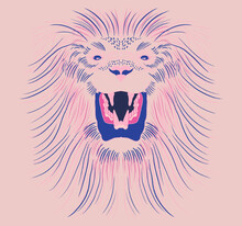 Digital Illustration Of A Simple Pink And Blue Lion Face On A Pink Background
