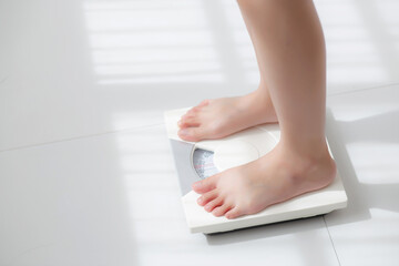 Lifestyle with leg of woman stand measuring weight scale for diet with barefoot, closeup foot of girl slim weight loss measure for food control and nutrition, healthy care and wellness concept.