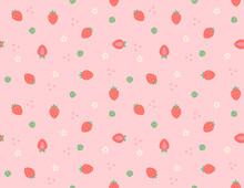 A Pattern Background With Small And Cute Strawberries And Flowers And Leaves Arranged Randomly. Simple Pattern Design Template.