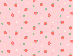 Wall Mural - a pattern background with small and cute strawberries and flowers and leaves arranged randomly. simp