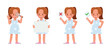© yindee - Set of children character vector design. Girl wear blue dress. Presentation in various action with emotions. kids doing activity.