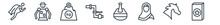 Linear Set Of Other Outline Icons. Line Vector Icons Such As Super Hero, Robot Of Japan, Kilograms, Plumbering, Wooden Stamper, Null Vector Illustration.