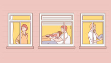 Through The Windows Of The Building You Can See The People Living In It. Hand Drawn Style Vector Design Illustrations. 