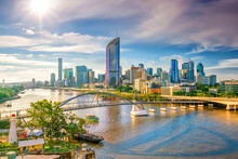 Brisbane City Skyline And Brisbane River At Sunset