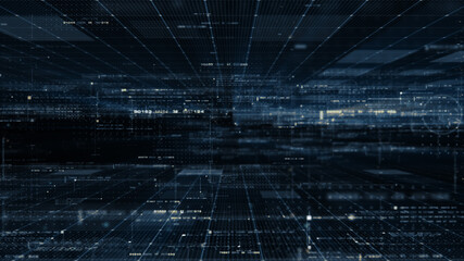 Fototapete - Futuristic simulation of 5G network concept, artificial intelligence quantum physic matrix particles deep learning performing analytic computational head up display background