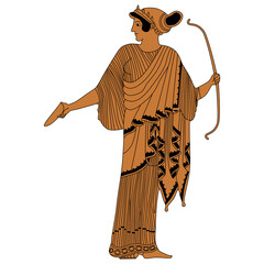 Wall Mural - Ancient Greek female character. Standing goddess Artemis with a bow. Vase painting style. Isolated vector illustration. 