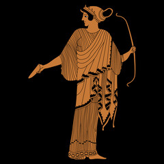 Wall Mural - Ancient Greek female character. Standing goddess Artemis with a bow. Vase painting style. Isolated vector illustration. On black background.