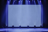 Fototapeta  - Business and Entrepreneurship concept. conference hall at business event. empty stage. Focus on the stage. blue toning photo. empty stage with a screen for the proctor, waiting for the start of the