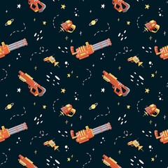 Seamless pattern with stars, planets and futuristic weapon space blaster guns.