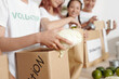 © DragonImages - Close-up image of charitable organization volunteers putting fresh vegetables in paper packages