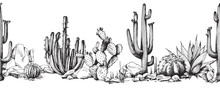 Seamless Border With Succulents And Cactuses, Engraving Vector Illustration.