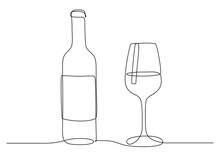 Continuous One Line Drawing Of Wine Glass And Bottle. Drink In Cup In Linear Style. Editable Stroke. Black And White Vector Illustration For Restaurant And Bar Menu