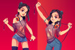 Dj girl in headphones, modern clothes and trendy hairstyle posing or dance with wire in hands. Young sexy woman disc jockey, party maker in ragged teen t-shirt and jeanse, Cartoon vector illustration
