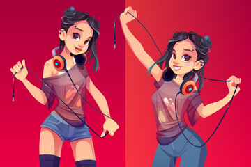 dj girl in headphones, modern clothes and trendy hairstyle posing or dance with wire in hands. young