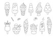 Doodle ice cream set. Perfect for cafe menu, coloring pages, birthday party decorations. Funny smile faces. Kawaii hand drawn style. Vector illustration.