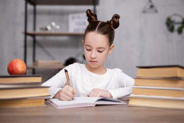 Wall Mural - school, homework and education concept - cute school girl doing homework at home