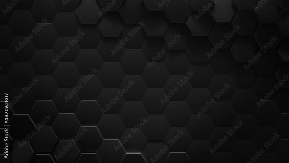 Black hexagonal geometric background 3D rendering illustration - obrazy, fototapety, plakaty 