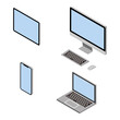 Isometric four types communication equipments set, blank screen - cellphone, desktop pc, laptop, tablet