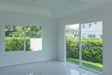 Empty room with glass window frame house interior on concrete wall