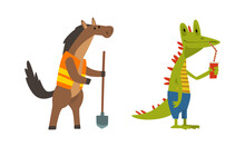 Humanized Animals Of Different Professions With Horse Asphalt Worker And Crocodile Drinking Cocktail Vector Set