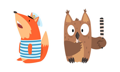 Sticker - Humanized Animals of Different Professions with Fox Sailor and Owl Police Officer Vector Set