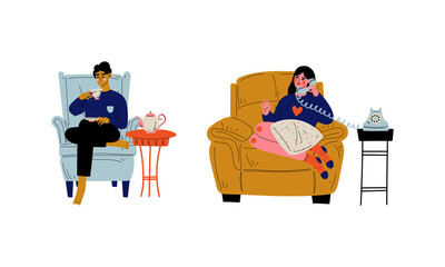 Sticker - Man and Woman Character Sitting at Home in Comfortable Armchair Vector Set