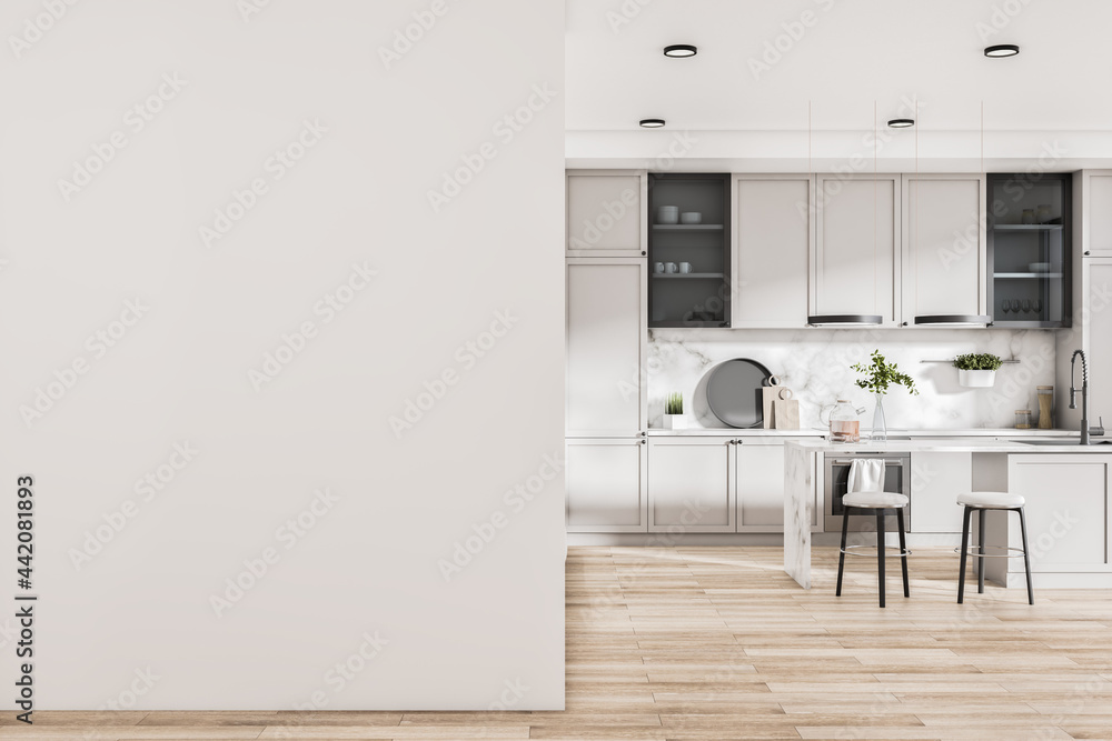 Modern kitchen interior with island, appliances, sunlight and mockup place on wall. Design concept. Mock up, 3D Rendering. - obrazy, fototapety, plakaty 