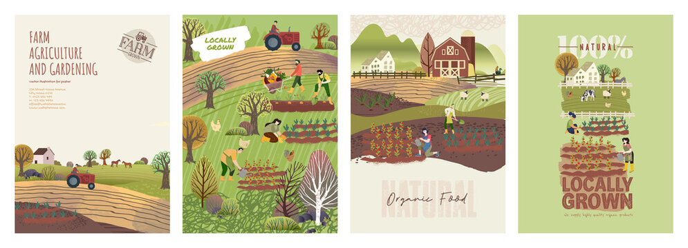 Organic farming, agriculture and gardening. Set of vector illustrations for posters, brochure covers, background, business presentation, marketing material for food market and restaurants.