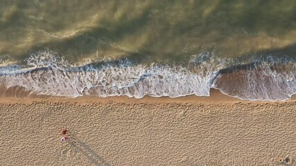 Wall Mural - A loving couple walking along the coastline at the sea on a sunny morning