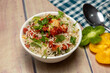 gobi fried rice with capsicum and coriander on top