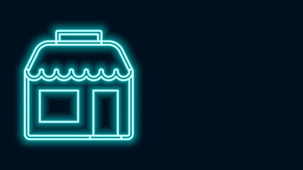 Sticker - Glowing neon line Shopping building or market store icon isolated on black background. Shop construction. 4K Video motion graphic animation